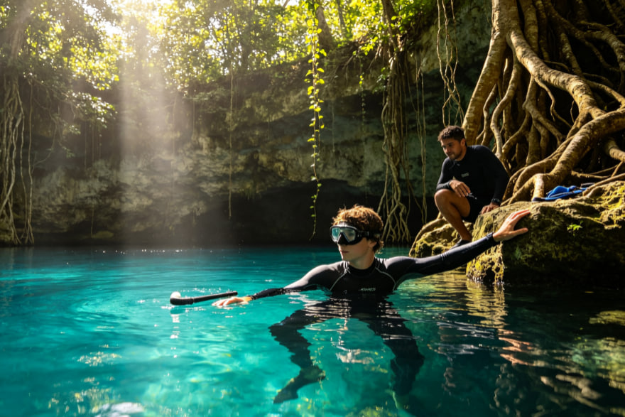 Freediving en cenote mexicano
